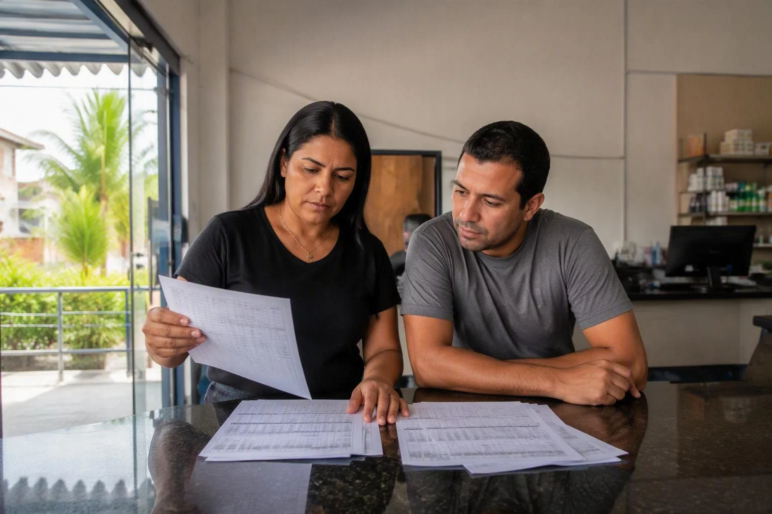 Duas pessoas conferindo notas de entrada no balcão dos fundos da loja