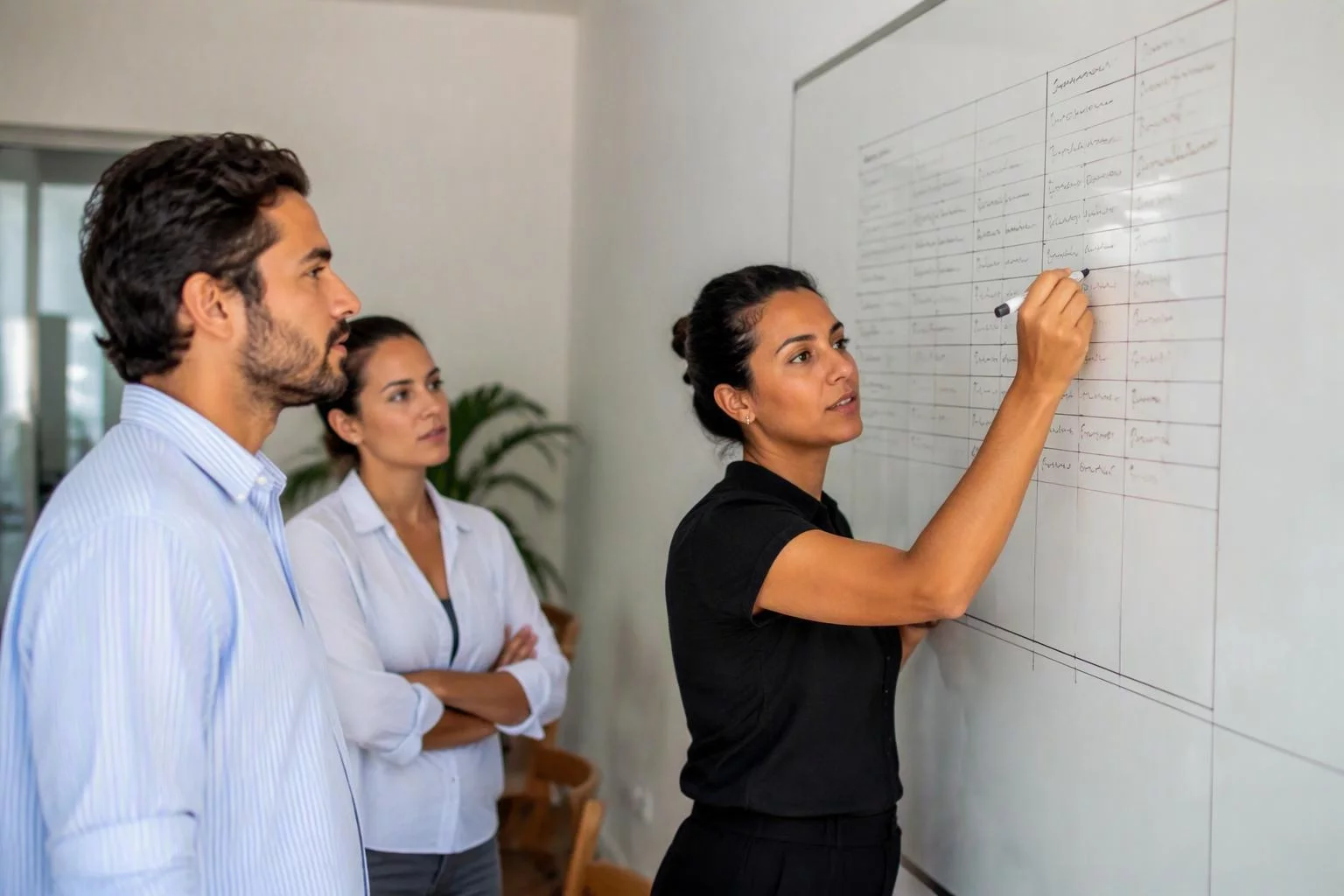 Equipe diante do quadro com o plano de contas escrito em colunas